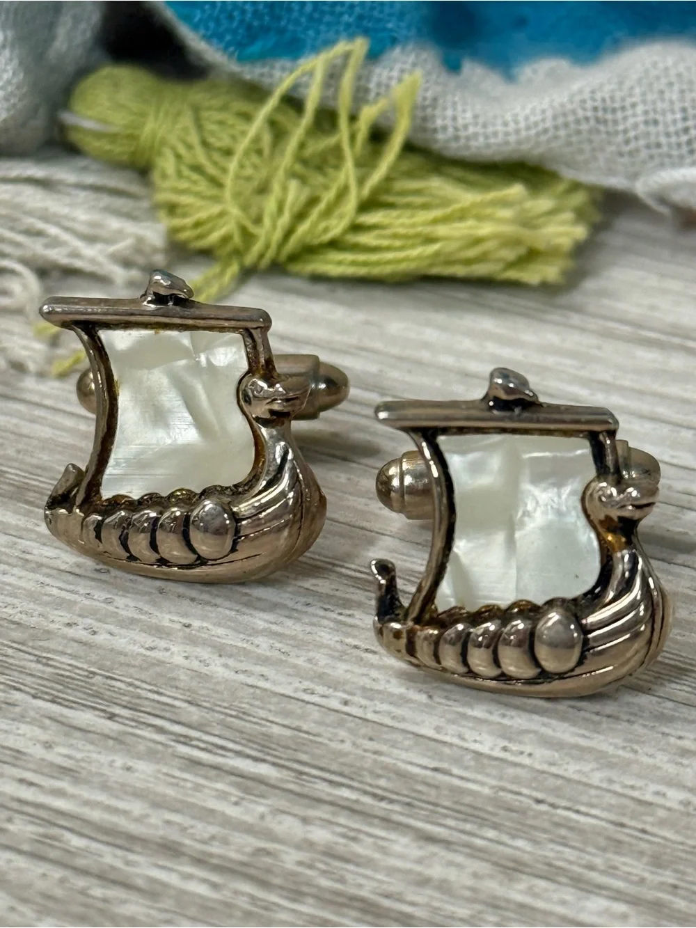 Viking Ship Mother-of-Pearl Cufflinks - Silver Tone